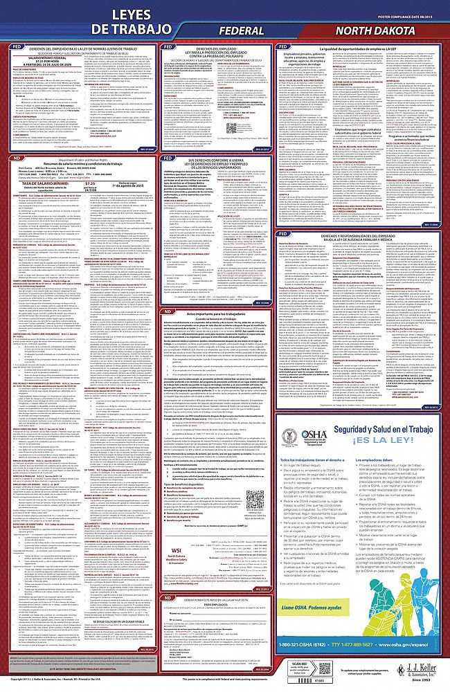 Labor Law Poster: Federal and State Labor Law, ND, Spanish, Plastic, 24 in x 40 in, FMLA