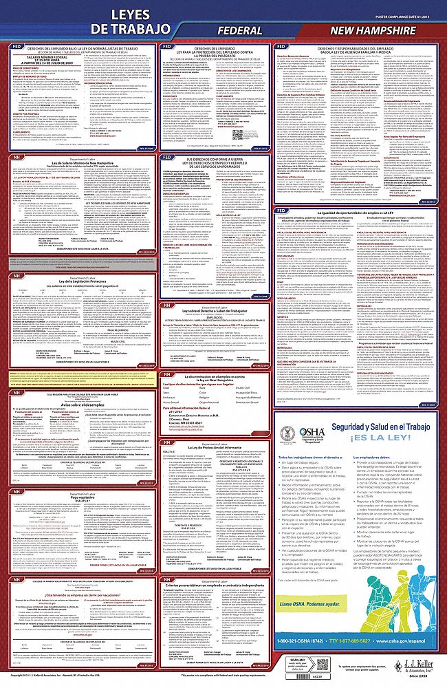 Labor Law Poster: Federal and State Labor Law, NH, Spanish, Plastic, 24 in x 40 in, FMLA