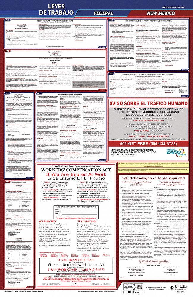 Labor Law Poster: NM, Spanish, Plastic, 24 in x 40 in, Federal and State Labor Law