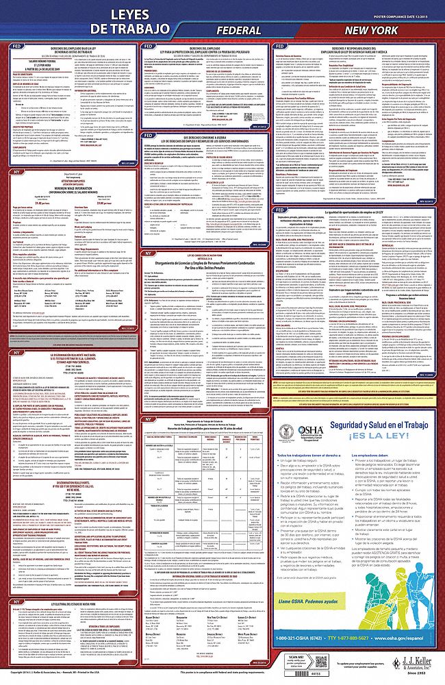Labor Law Poster: Federal and State Labor Law, NY, Spanish, Plastic, 24 in x 40 in, FMLA