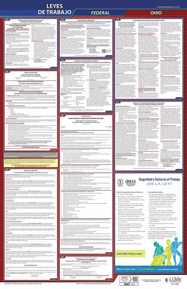 Labor Law Poster: Federal and State Labor Law, OH, Spanish, Plastic, 24 in x 40 in, FMLA