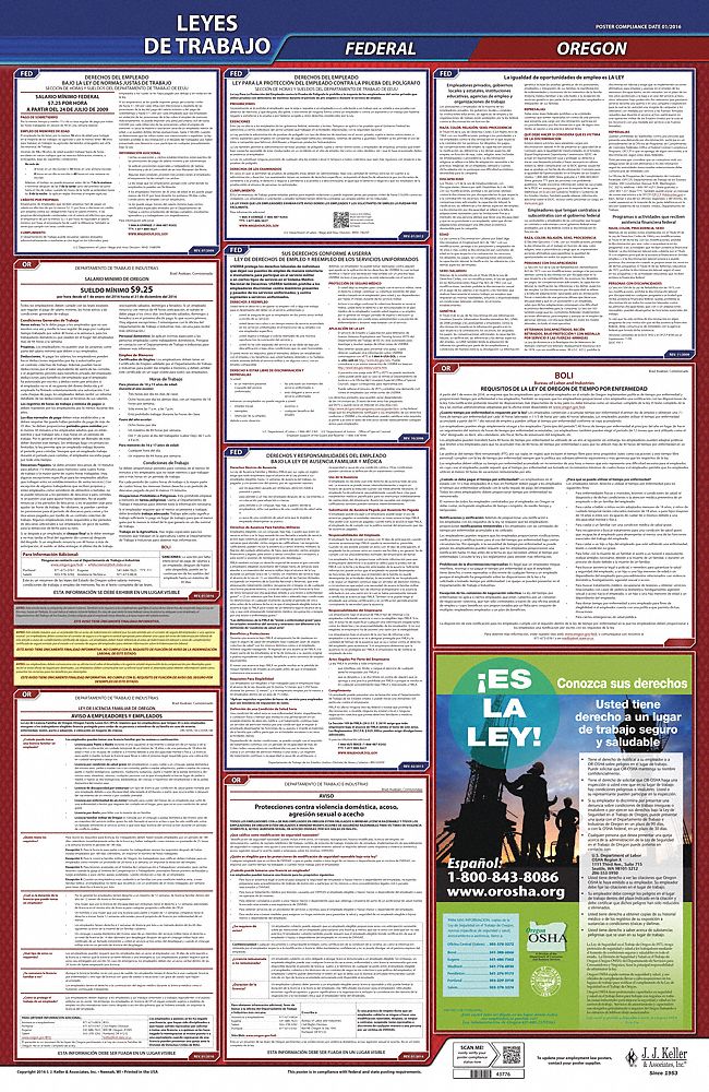 Labor Law Poster: Federal and State Labor Law, OR, Spanish, Plastic, 24 in x 40 in, FMLA