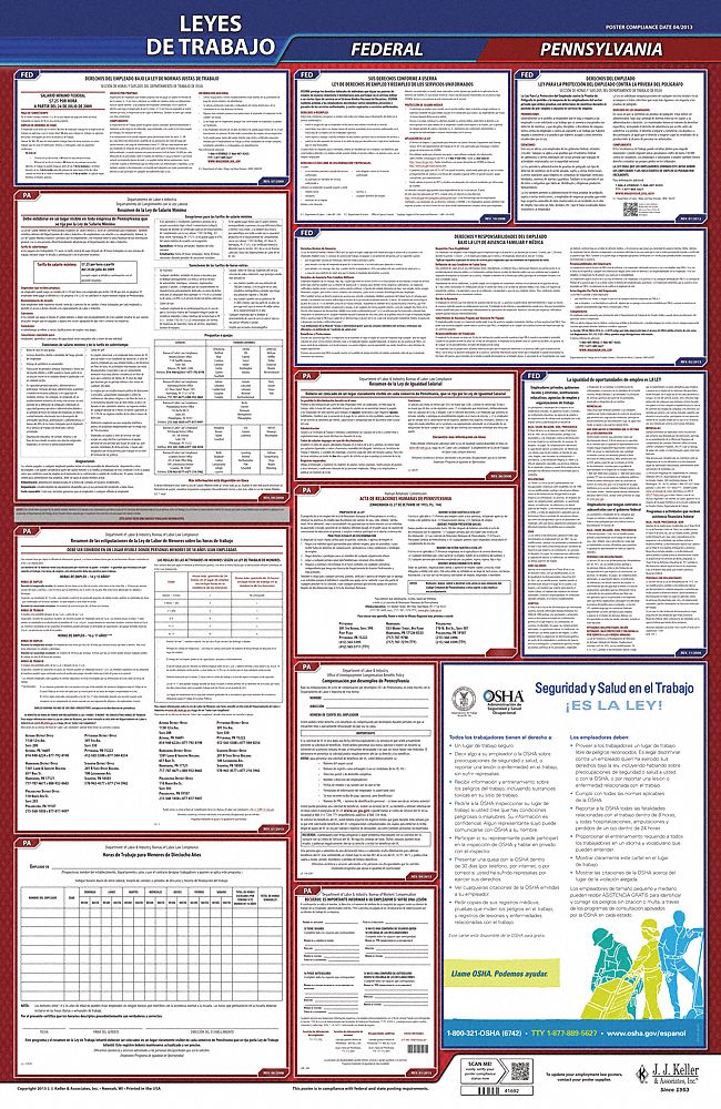 Labor Law Poster: Federal and State Labor Law, PA, Spanish, Plastic, 24 in x 40 in, FMLA