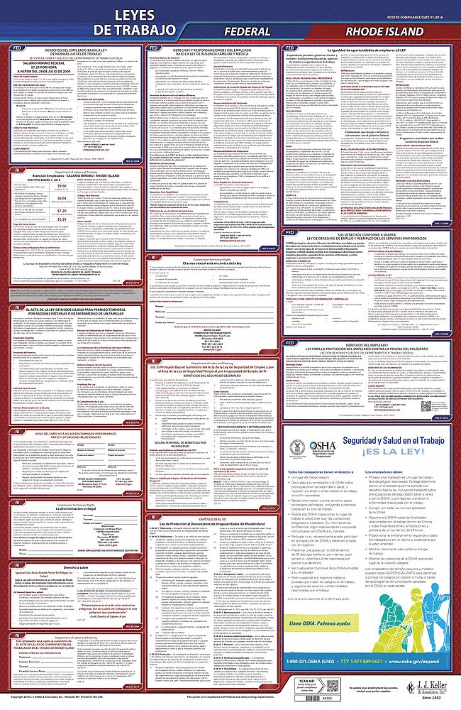 Labor Law Poster: Federal and State Labor Law, RI, Spanish, Plastic, 24 in x 40 in, FMLA