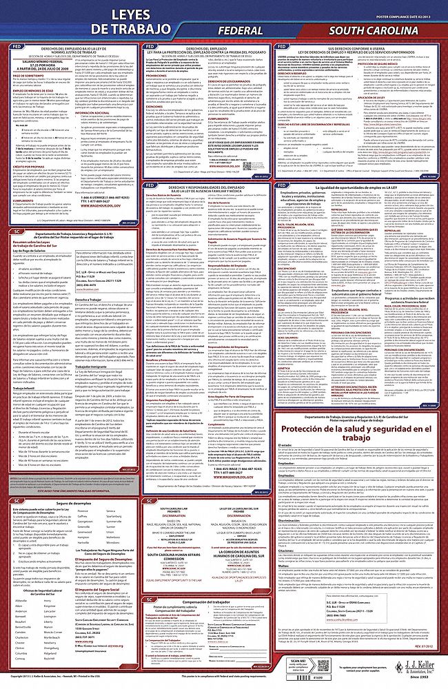Labor Law Poster: Federal and State Labor Law, SC, Spanish, Plastic, 24 in x 40 in, FMLA