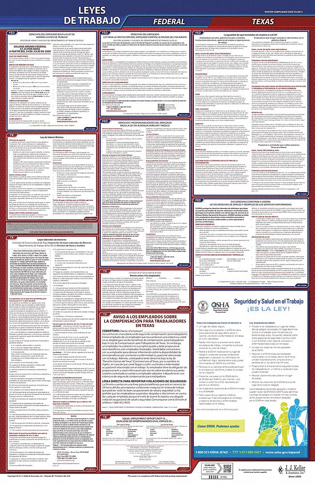 Labor Law Poster: Federal and State Labor Law, TX, Spanish, Plastic, 24 in x 40 in, FMLA