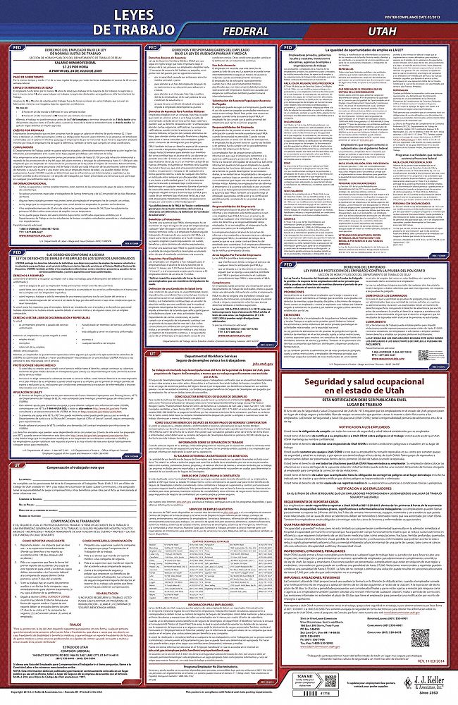 Labor Law Poster: Federal and State Labor Law, UT, Spanish, Plastic, 24 in x 40 in, FMLA