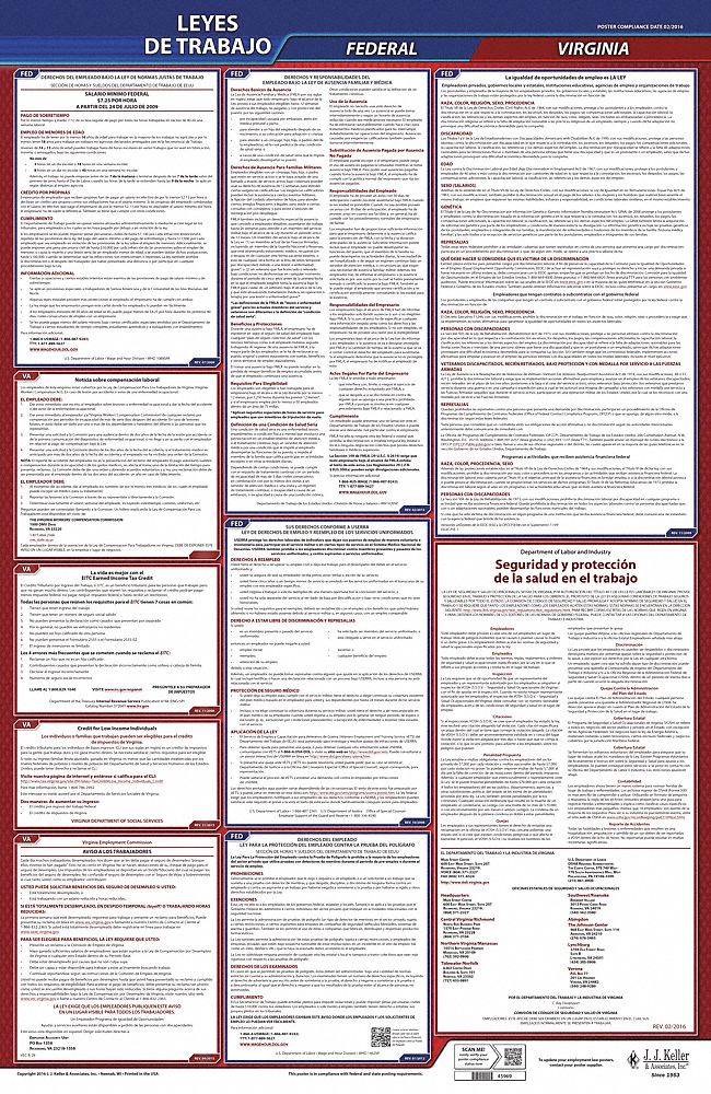 Labor Law Poster: Federal and State Labor Law, VA, Spanish, Plastic, 24 in x 40 in, FMLA