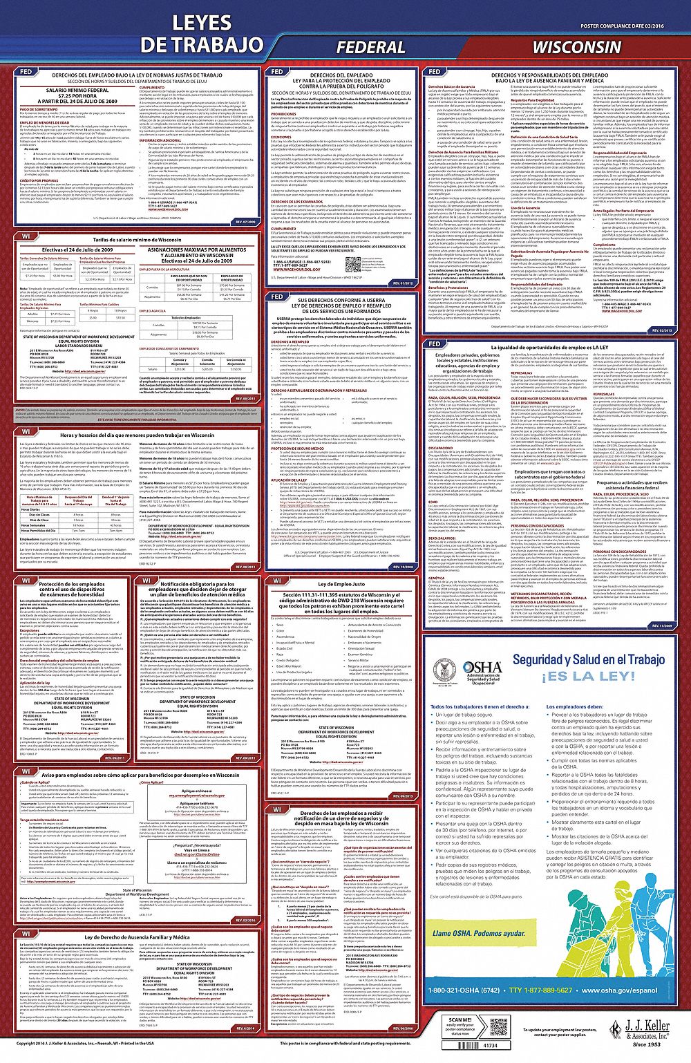 Labor Law Poster: Federal and State Labor Law, WI, Spanish, Plastic, 24 in x 40 in, FMLA