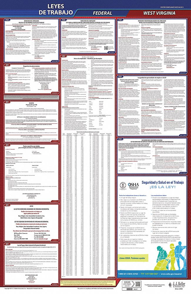 Labor Law Poster: Federal and State Labor Law, WV, Spanish, Plastic, 24 in x 40 in, FMLA