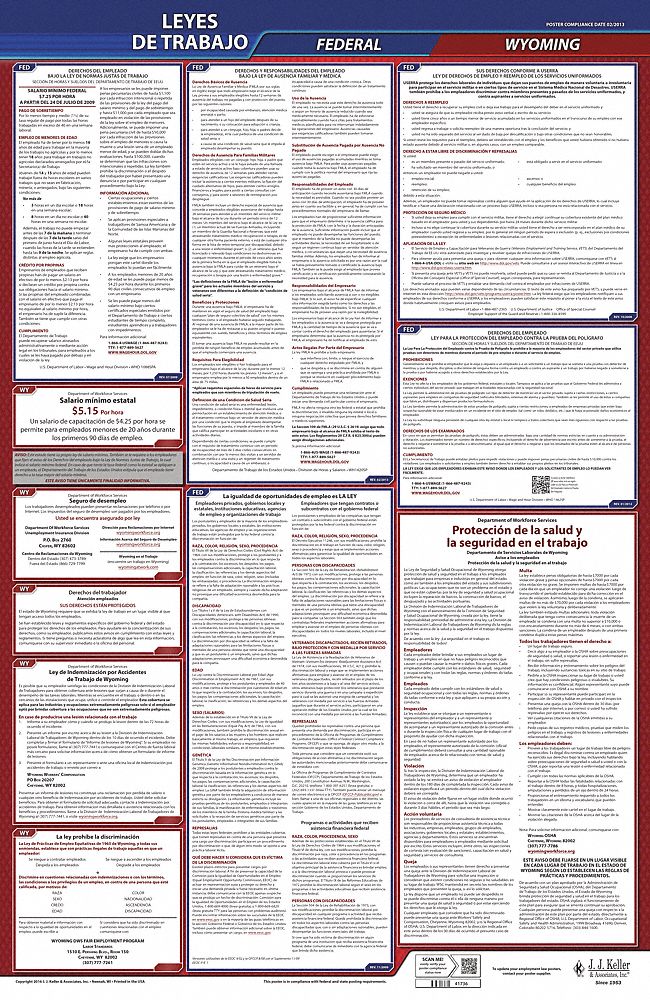 Labor Law Poster: Federal and State Labor Law, WY, Spanish, Plastic, 24 in x 40 in, FMLA
