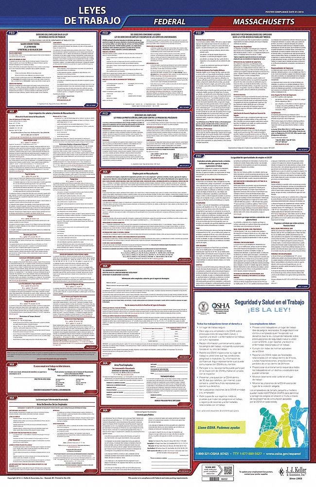 Labor Law Poster: MA, Spanish, Plastic, 24 in x 40 in, Federal and State Labor Law