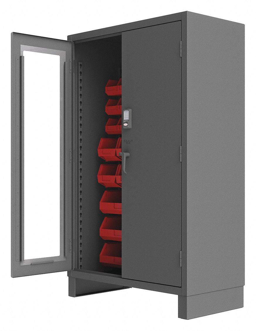 BIN CABINET, 48 IN X 24 IN 78 IN, 42 BINS, RED, CLEARVIEW/SOLID, 14 GA PANEL