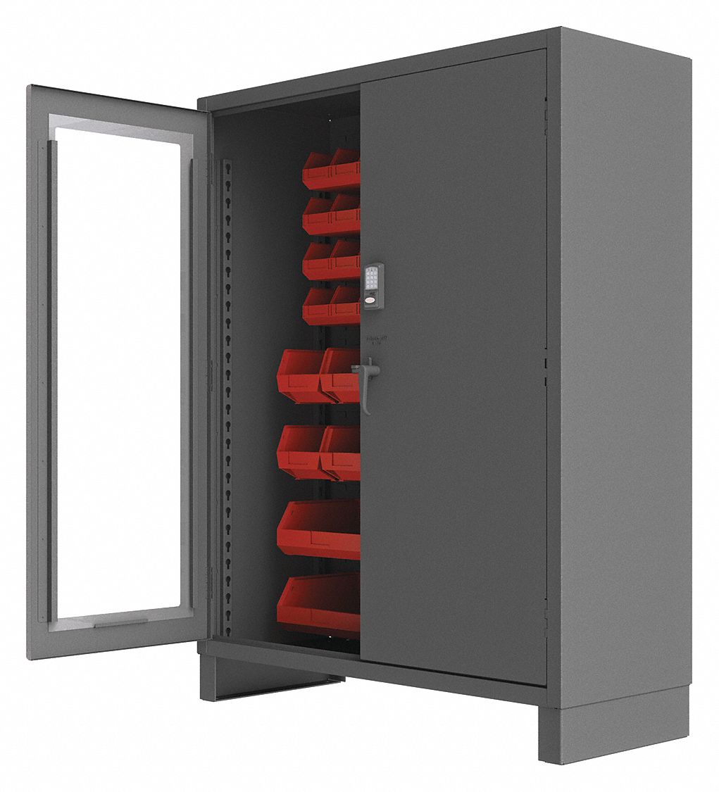 BIN CABINET, 60 IN X 24 IN 78 IN, 54 BINS, RED, CLEARVIEW/SOLID, 14 GA PANEL