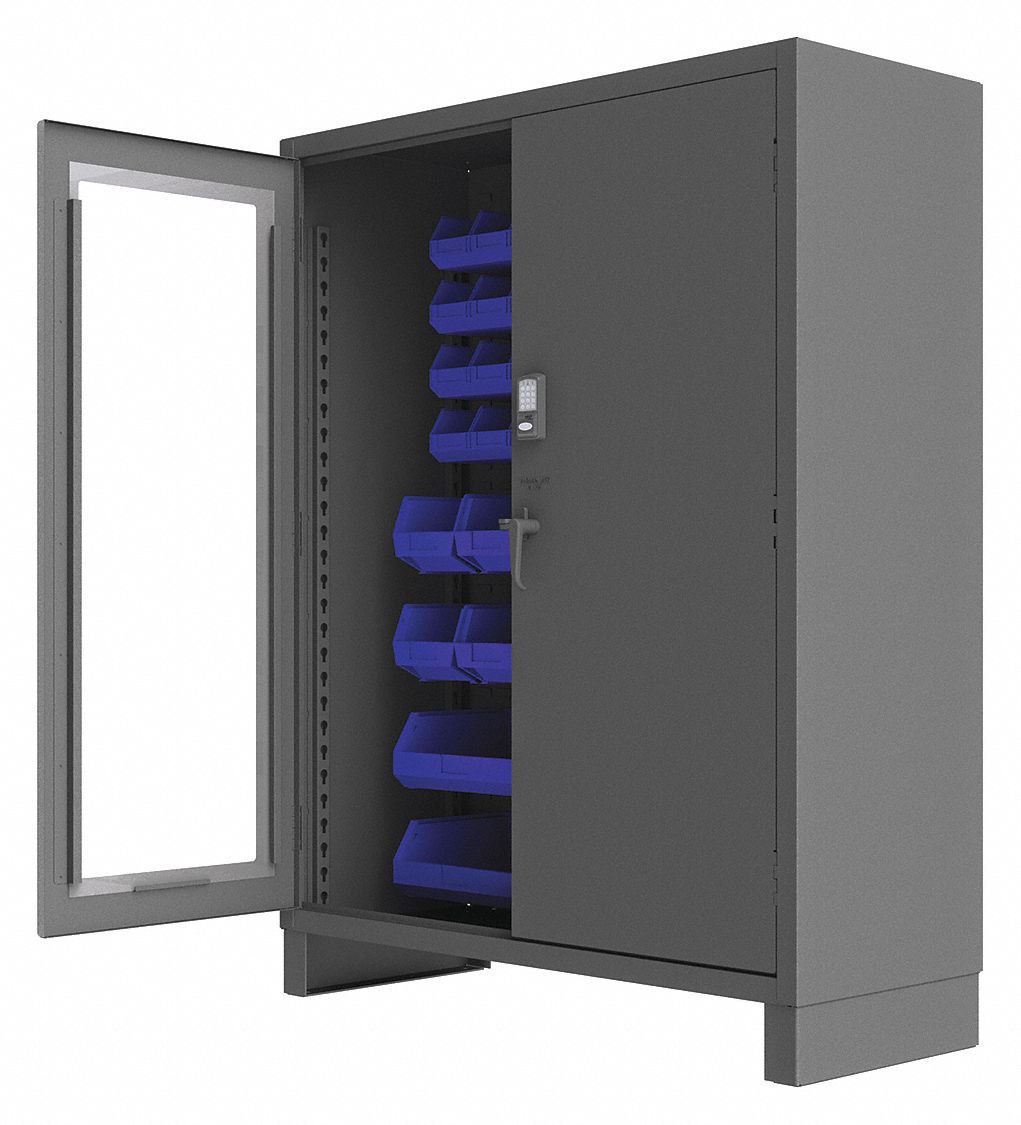 BIN CABINET, 60 IN X 24 IN 78 IN, 54 BINS, BLUE, CLEARVIEW/SOLID, 14 GA PANEL