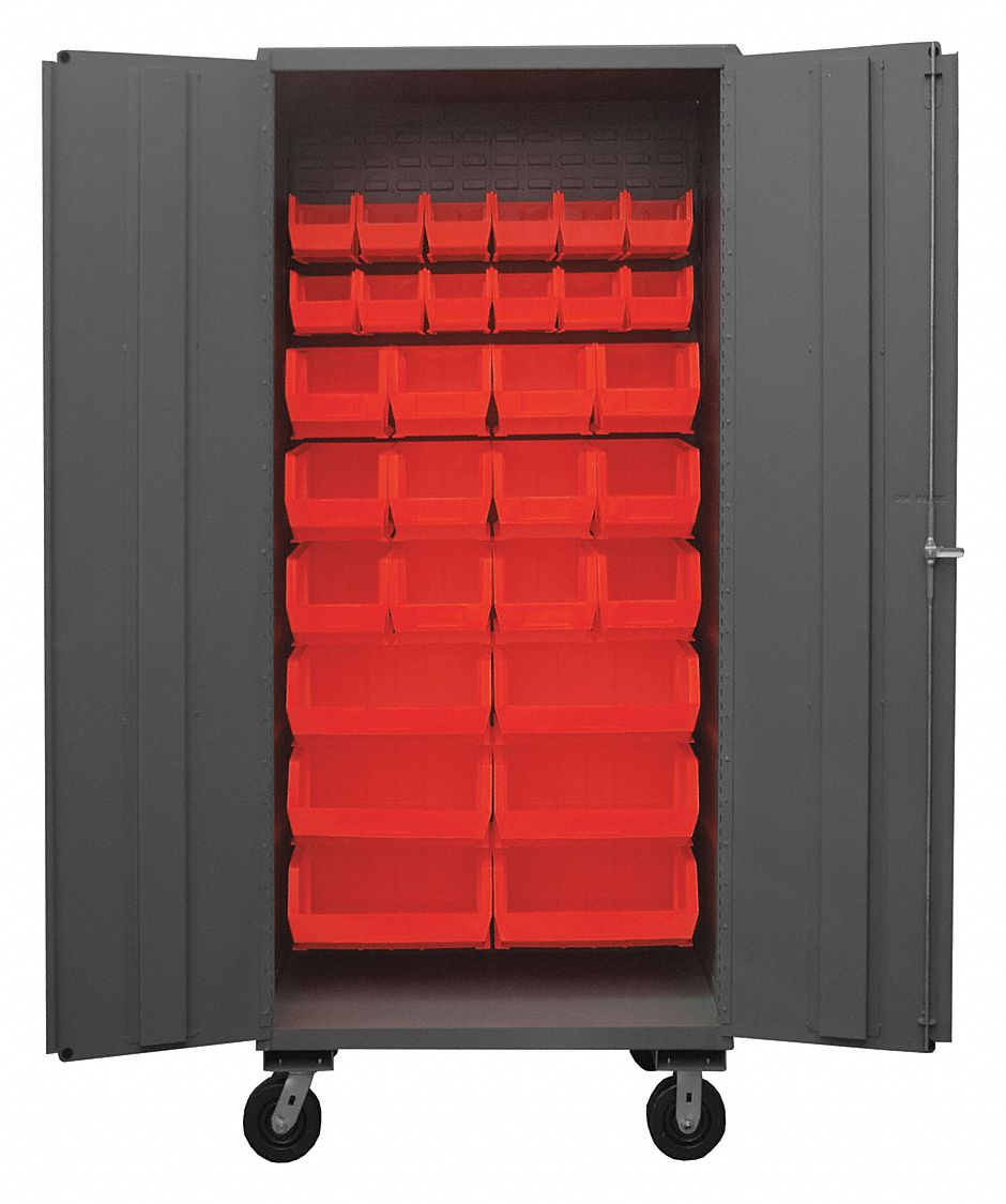 Bin Cabinet: 36 in x 24 in x 80 in, 0 Shelves, 30 Bins, Red, Solid, Assembled, Gray, Bins