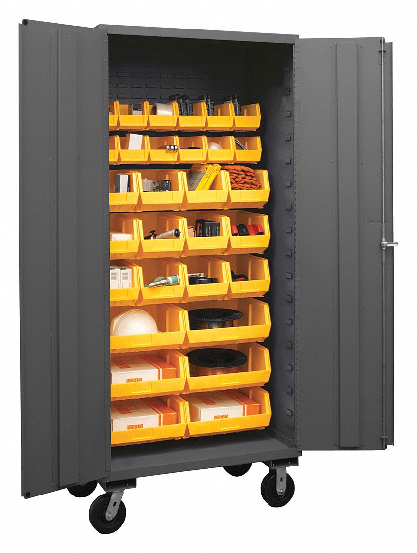Bin Cabinet: 36 in x 24 in x 80 in, 0 Shelves, 30 Bins, Yellow, Solid, Assembled, Gray