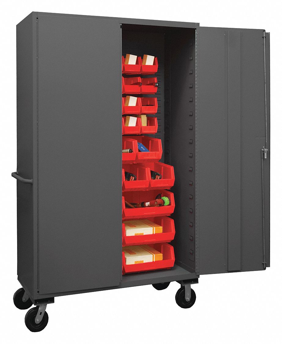 Bin Cabinet: 48 in x 24 in x 80 in, 2 Shelves, 42 Bins, Red, Solid, Assembled, Gray, Bins