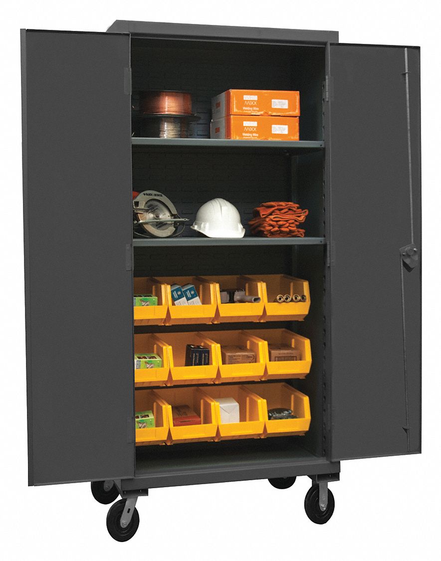 Bin Cabinet: 36 in x 24 in x 80 in, 2 Shelves, 12 Bins, Yellow, Solid, Assembled, Gray