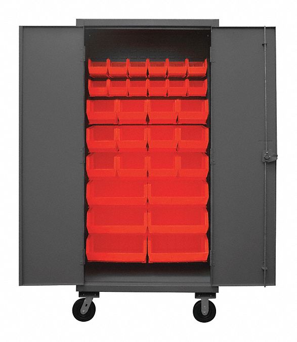 Bin Cabinet: 36 in x 24 in x 80 in, 0 Shelves, 30 Bins, Red, Solid, Assembled, Gray, Bins