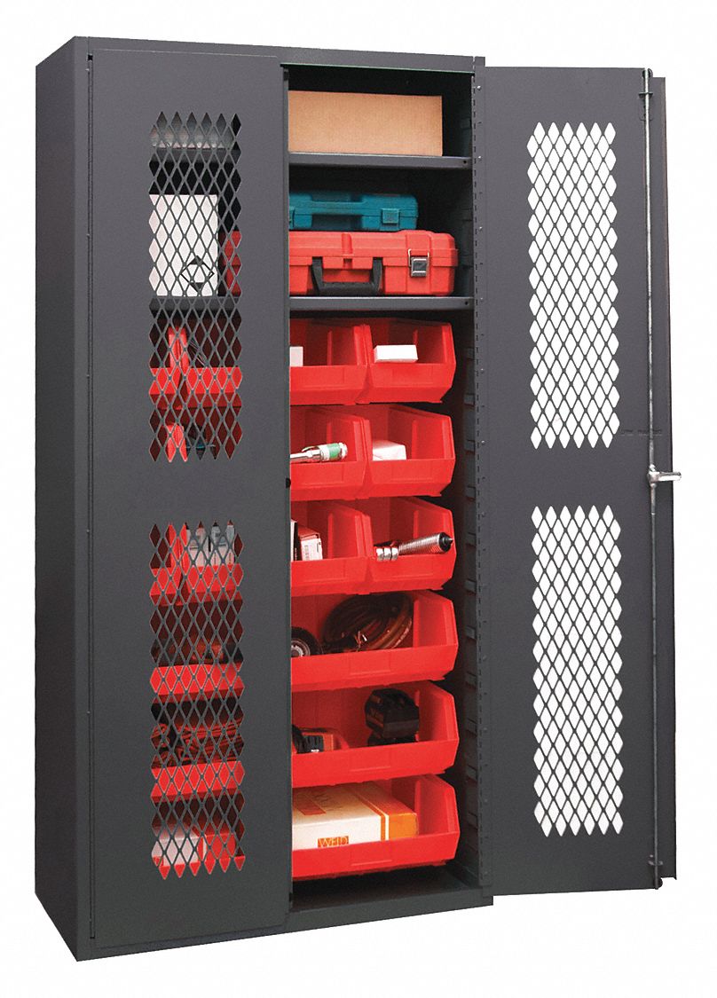 Bin Cabinet: 36 in x 18 in 72 in, 2 Shelves, 18 Bins, Red, Ventilated, 14 ga Panel, Gray