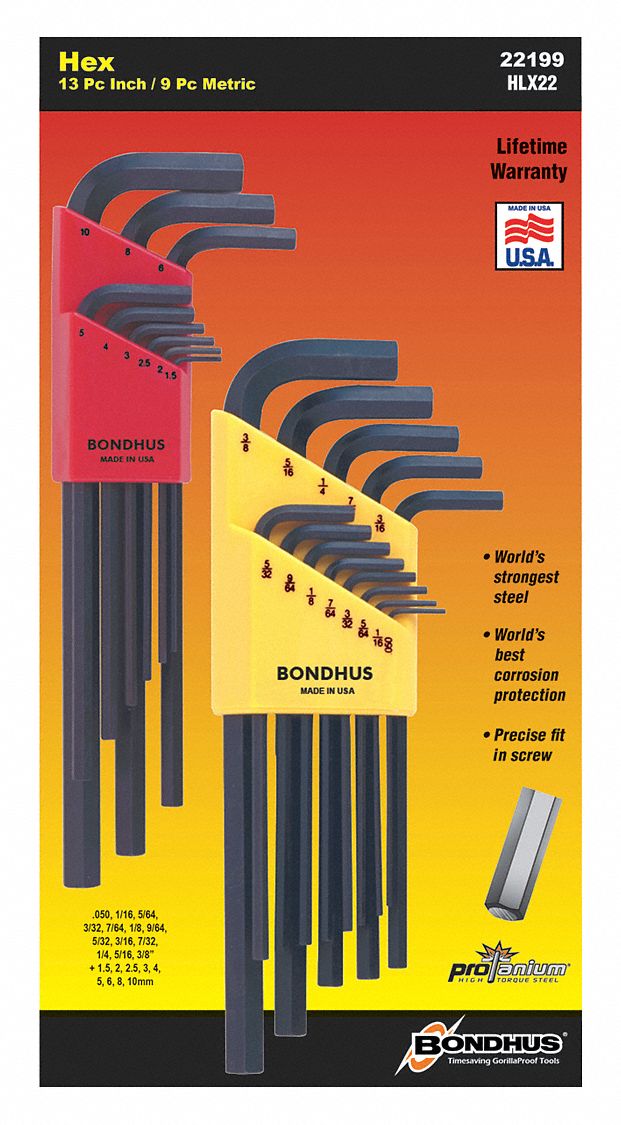 Ball End Inch & Metric Hex Key Sets - .050 to 3/8 & 1.5mm to 10mm (22  Pieces)