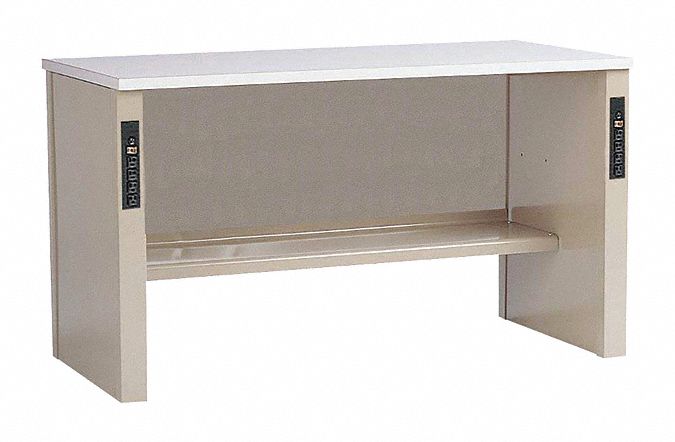 Workbench: Fixed Ht, 60 in x 30 in, Beige, Lower Shelf/Power Strip, Laminate
