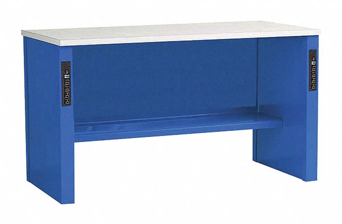 Workbench: Fixed Ht, 48 in x 30 in, Blue, Lower Shelf/Power Strip, Laminate