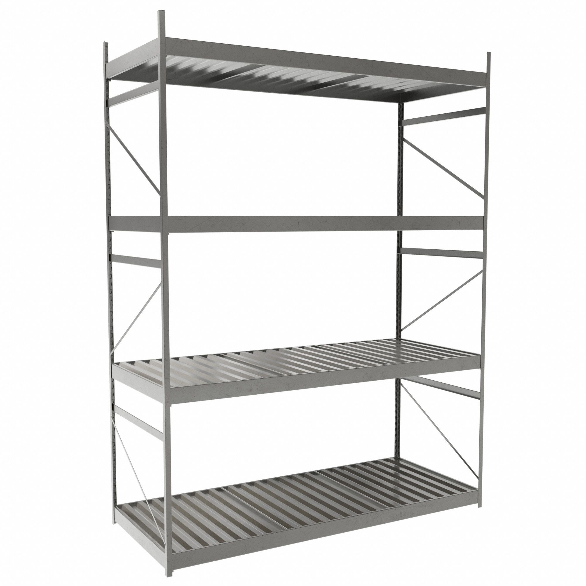 Bulk Rack With Decking: Starter, Light-Duty, 72 in x 30 in x 96 in, Ribbed Steel, 4 Shelves