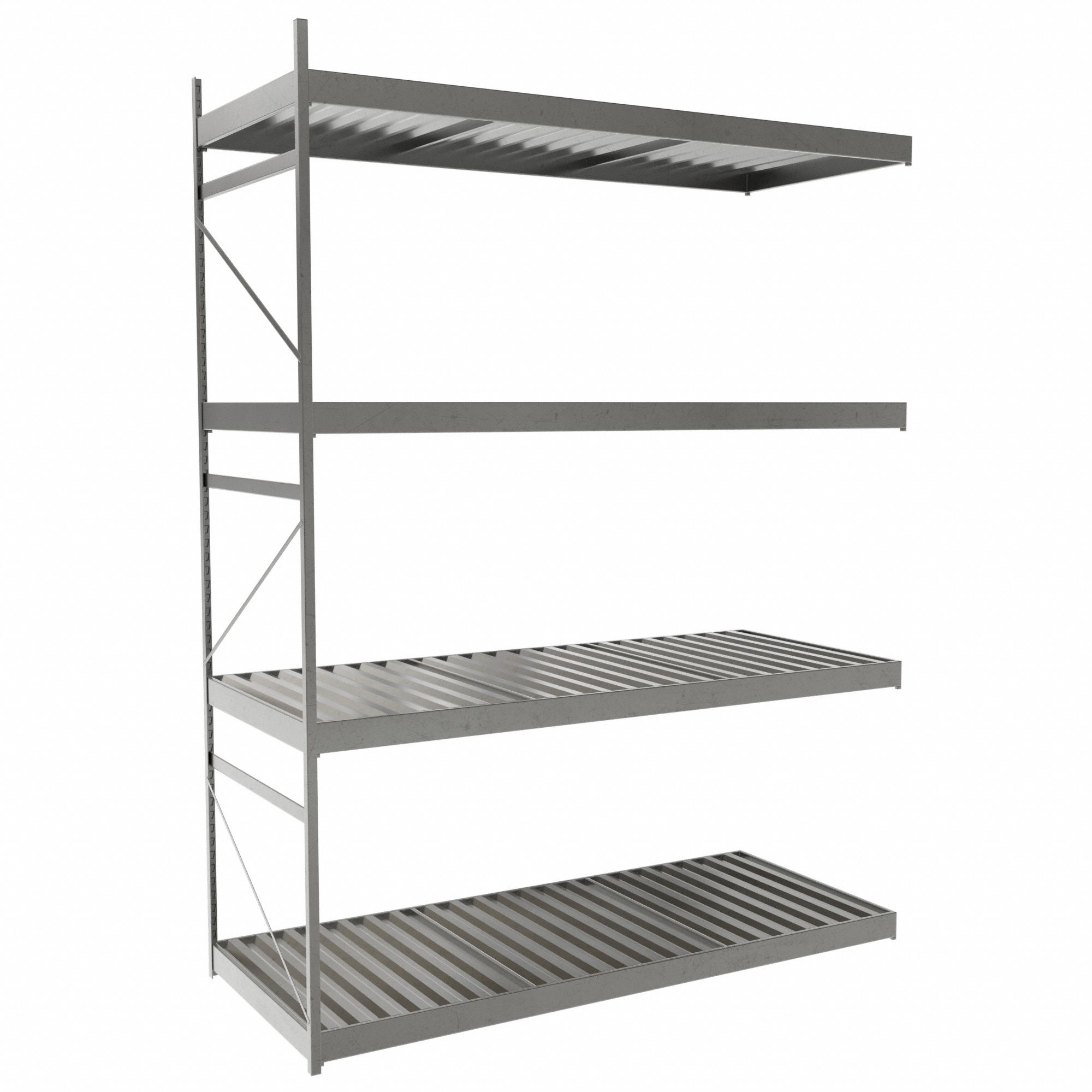Bulk Rack With Decking: Add-On, Light-Duty, 72 in x 30 in x 96 in, Ribbed Steel, 4 Shelves