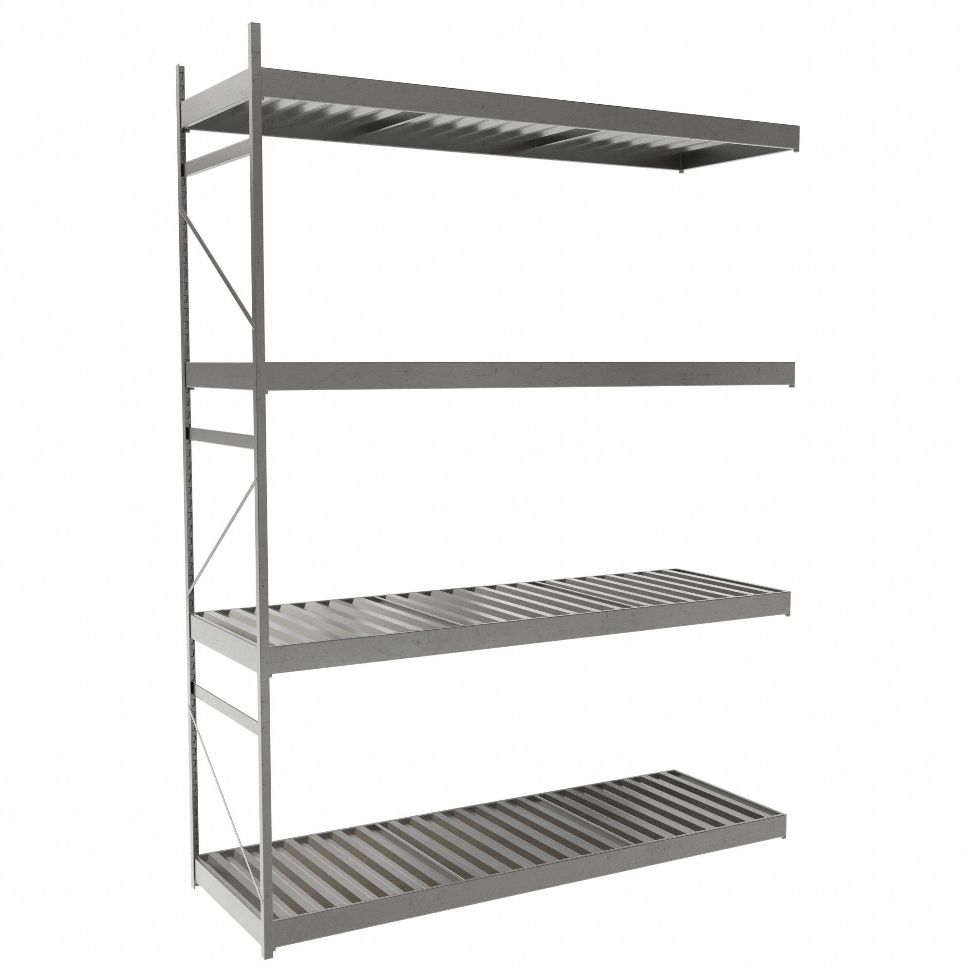 Bulk Rack With Decking: Add-On, Light-Duty, 72 in x 24 in x 96 in, Ribbed Steel, 4 Shelves
