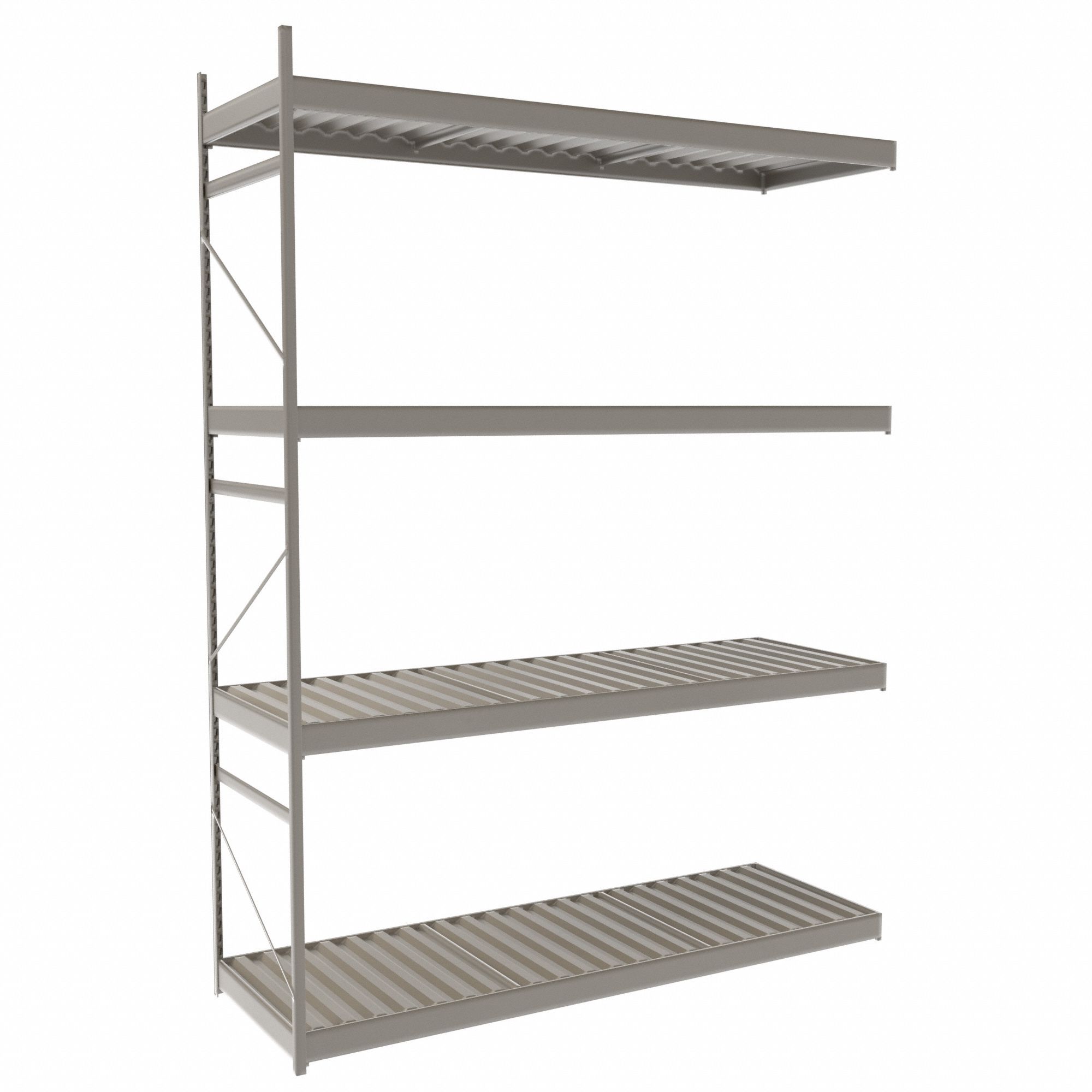 Bulk Rack With Decking: Add-On, Light-Duty, 72 in x 24 in x 96 in, Ribbed Steel, 4 Shelves