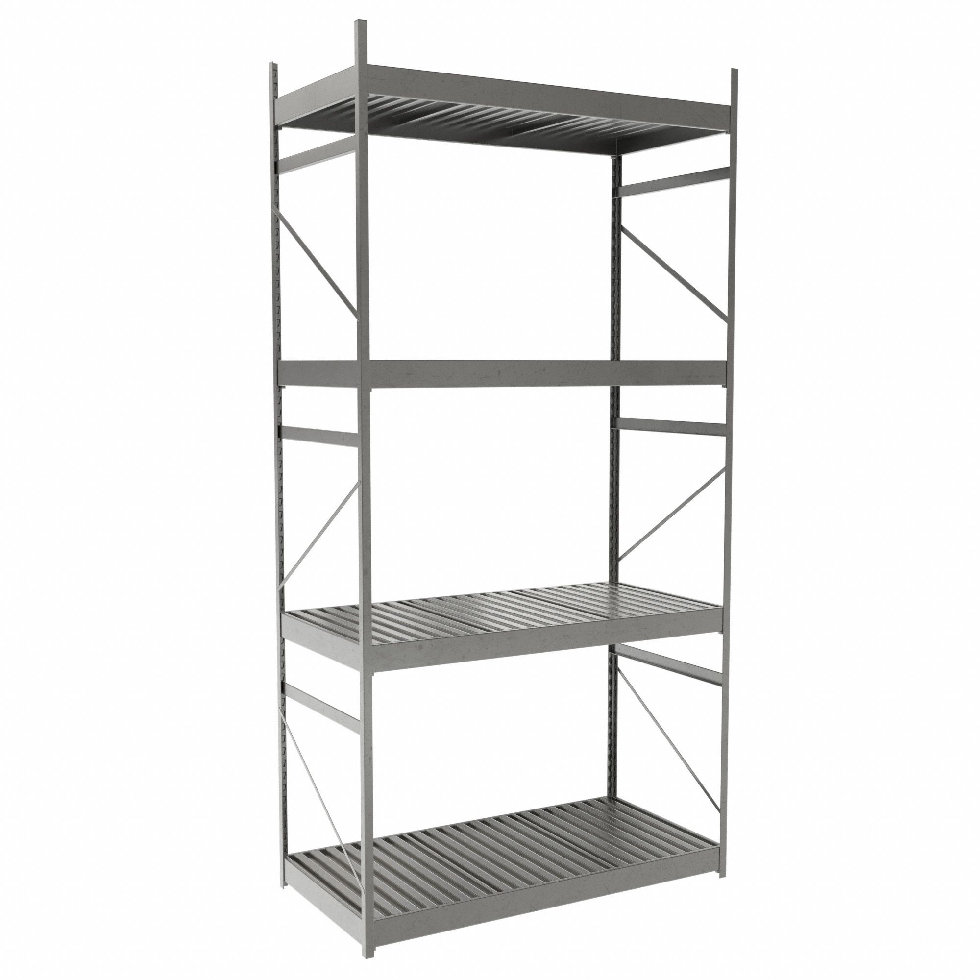 Bulk Rack With Decking: Starter, Light-Duty, 48 in x 24 in x 96 in, Ribbed Steel, 4 Shelves