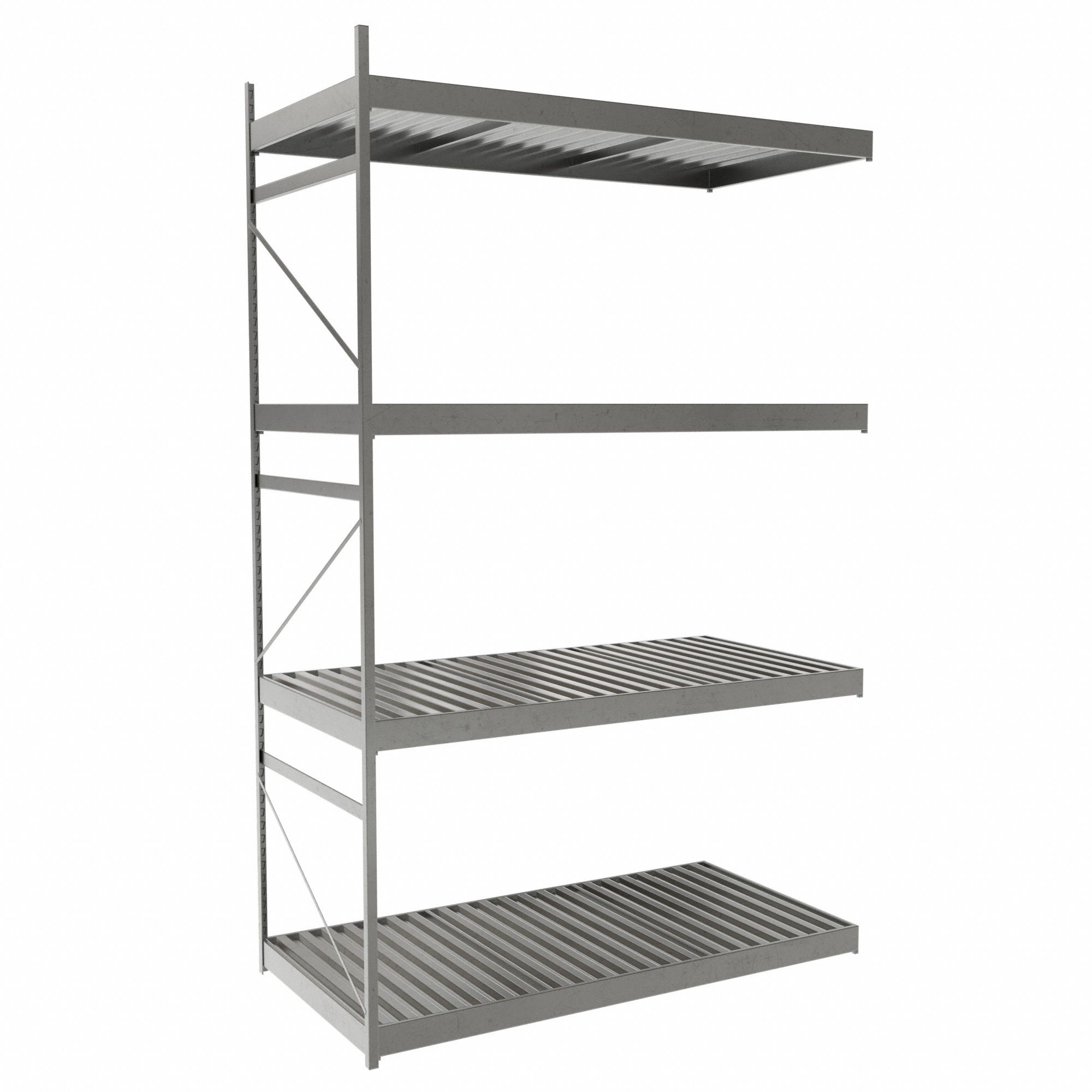 Bulk Rack With Decking: Add-On, Light-Duty, 60 in x 30 in x 96 in, Ribbed Steel, 4 Shelves