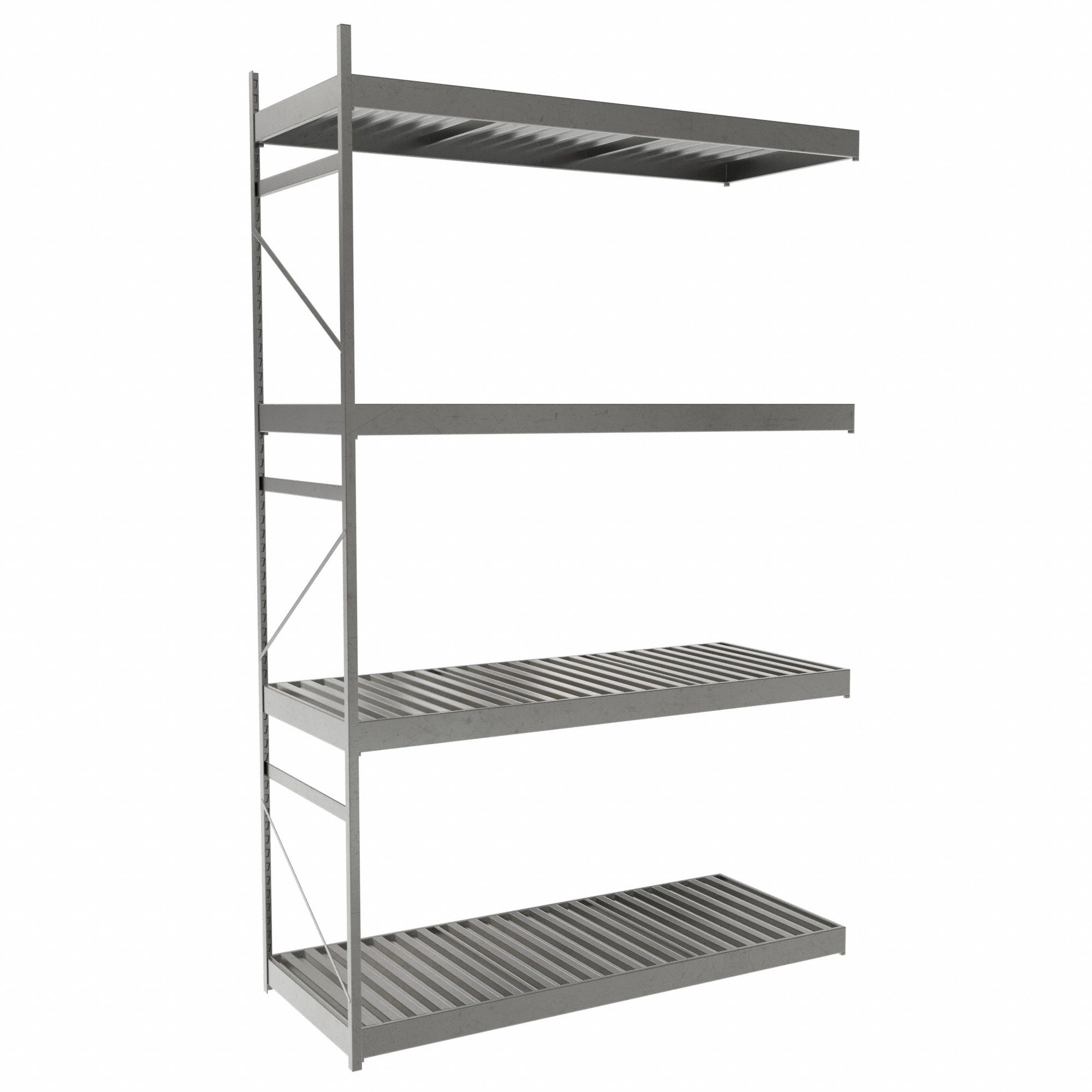 Bulk Rack With Decking: Add-On, Light-Duty, 60 in x 24 in x 96 in, Ribbed Steel, 4 Shelves