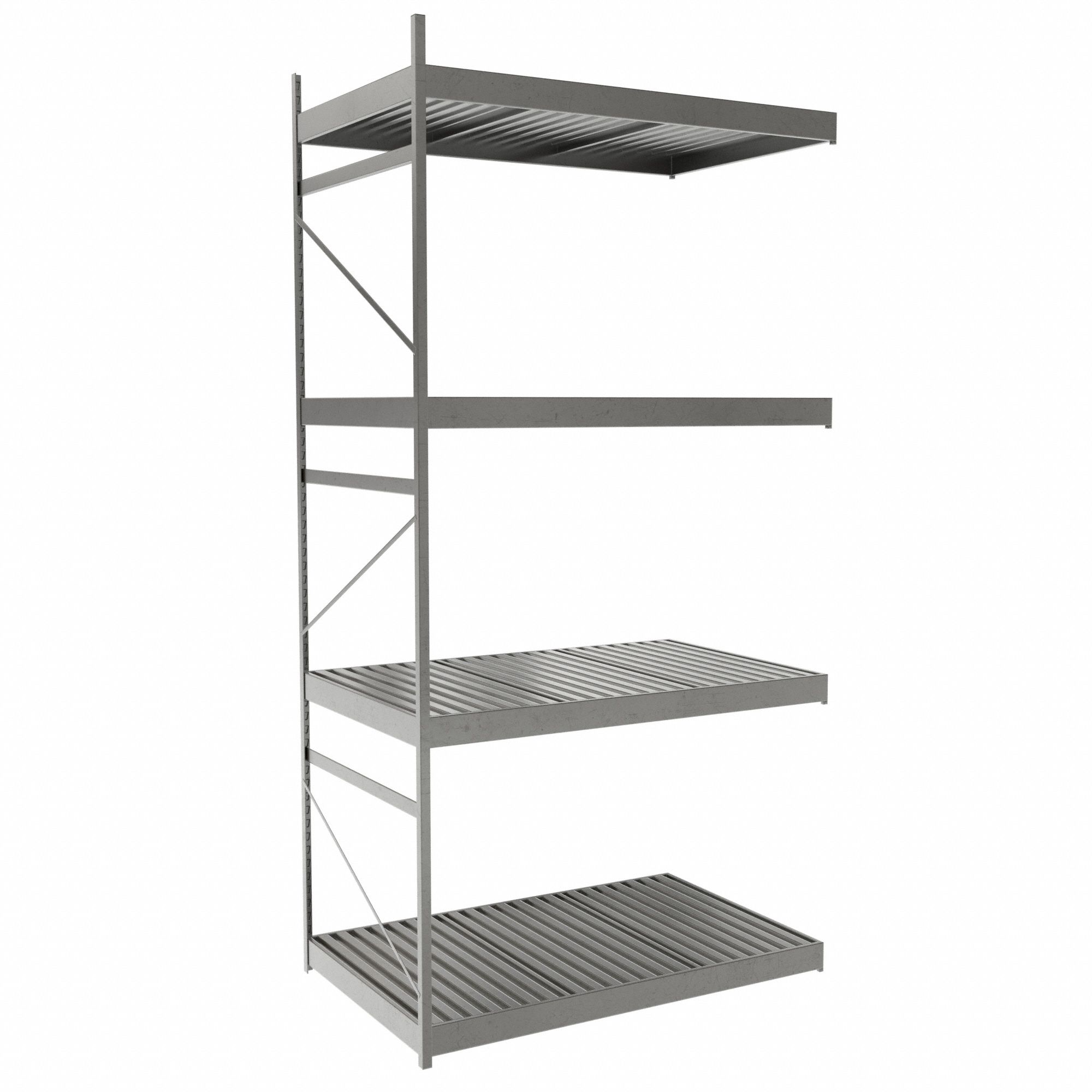 Bulk Rack With Decking: Add-On, Light-Duty, 48 in x 30 in x 96 in, Ribbed Steel, 4 Shelves