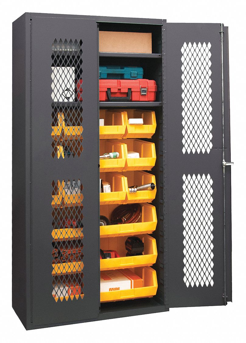 Bin Cabinet: 36 in x 18 in 72 in, 2 Shelves, 18 Bins, Yellow, Ventilated, 14 ga Panel