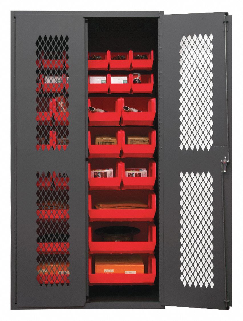 Bin Cabinet: 36 in x 24 in 72 in, 0 Shelves, 30 Bins, Red, Ventilated, 14 ga Panel, Gray