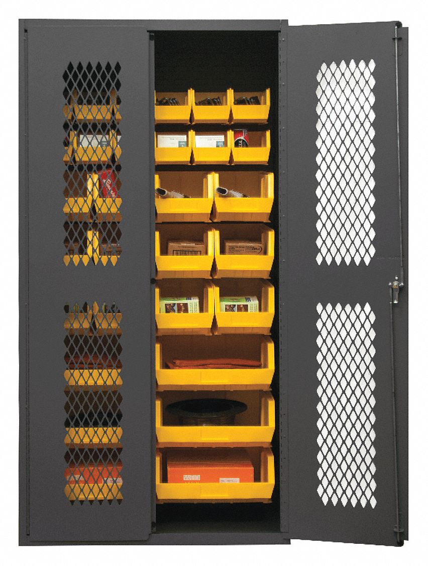 Bin Cabinet: 36 in x 24 in 72 in, 0 Shelves, 30 Bins, Yellow, Ventilated, 14 ga Panel