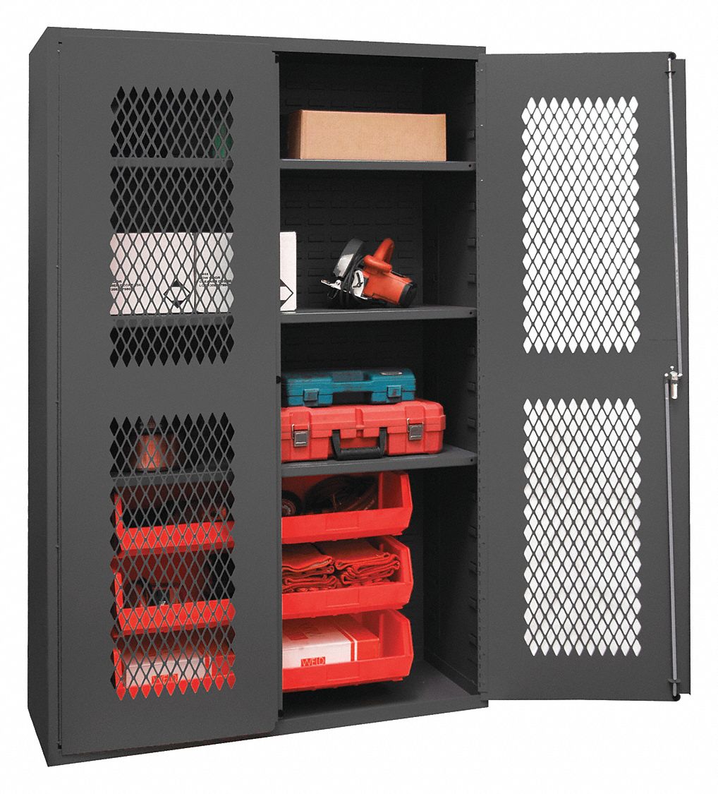 Bin Cabinet: 48 in x 24 in 72 in, 3 Shelves, 6 Bins, Red, Ventilated, 14 ga Panel, Gray