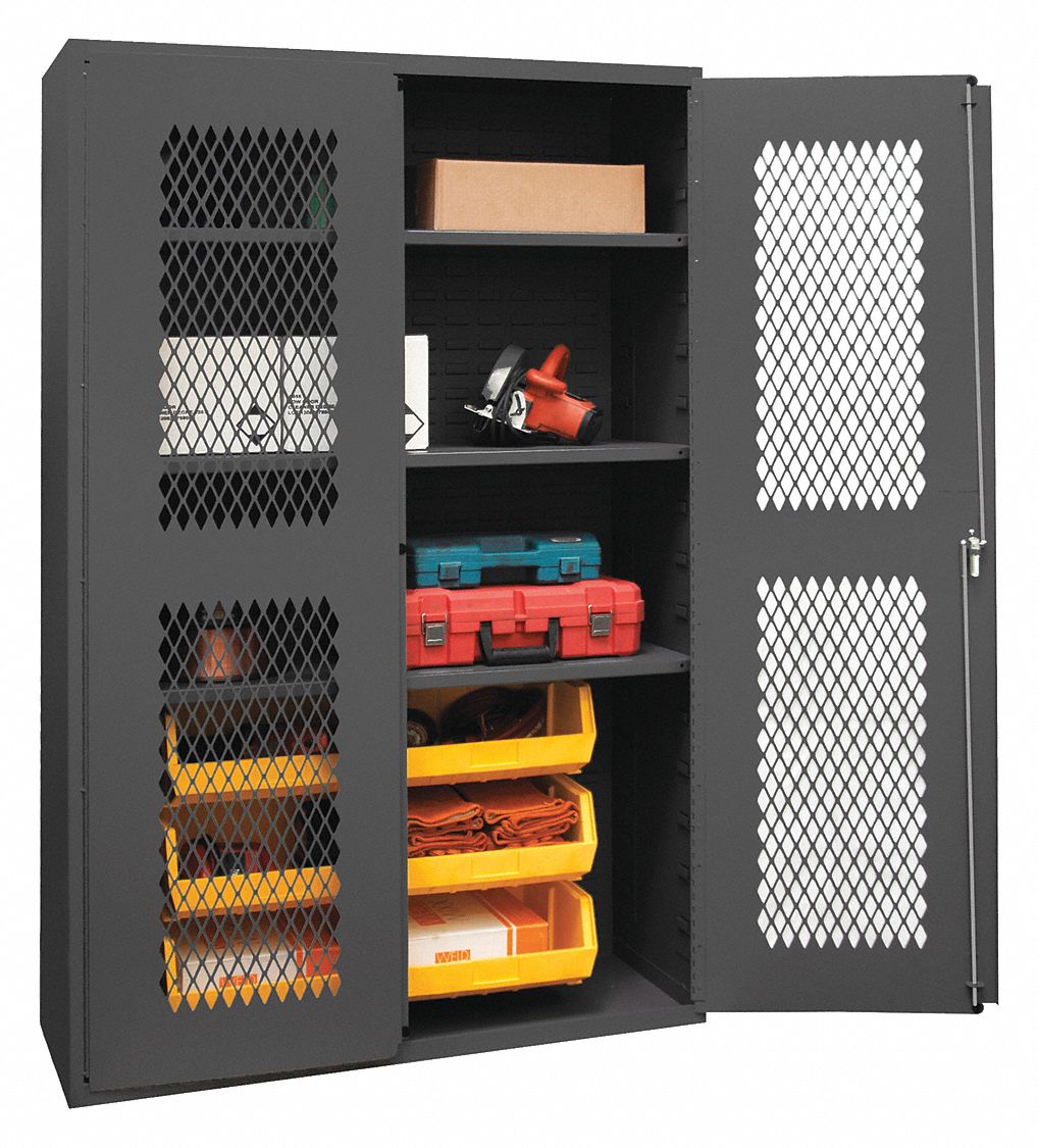 Bin Cabinet: 48 in x 24 in 72 in, 3 Shelves, 6 Bins, Yellow, Ventilated, 14 ga Panel