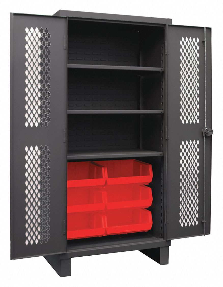 Bin Cabinet: 36 in x 24 in 78 in, 3 Shelves, 6 Bins, Red, Ventilated, 12 ga Panel, Gray