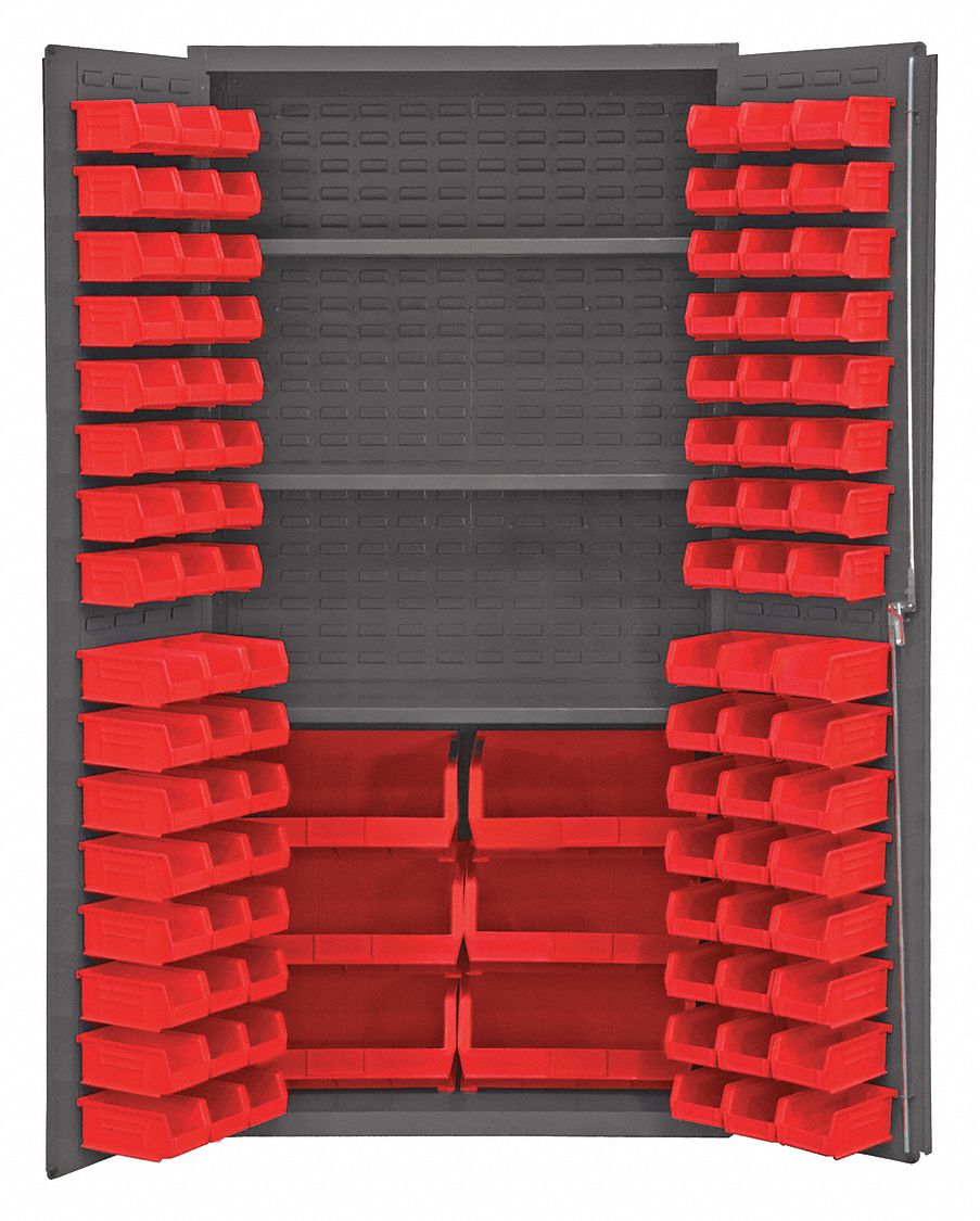 Bin Cabinet: 36 in x 24 in 72 in, 3 Shelves, 102 Bins, Red, Flush, 14 ga Panel, Gray
