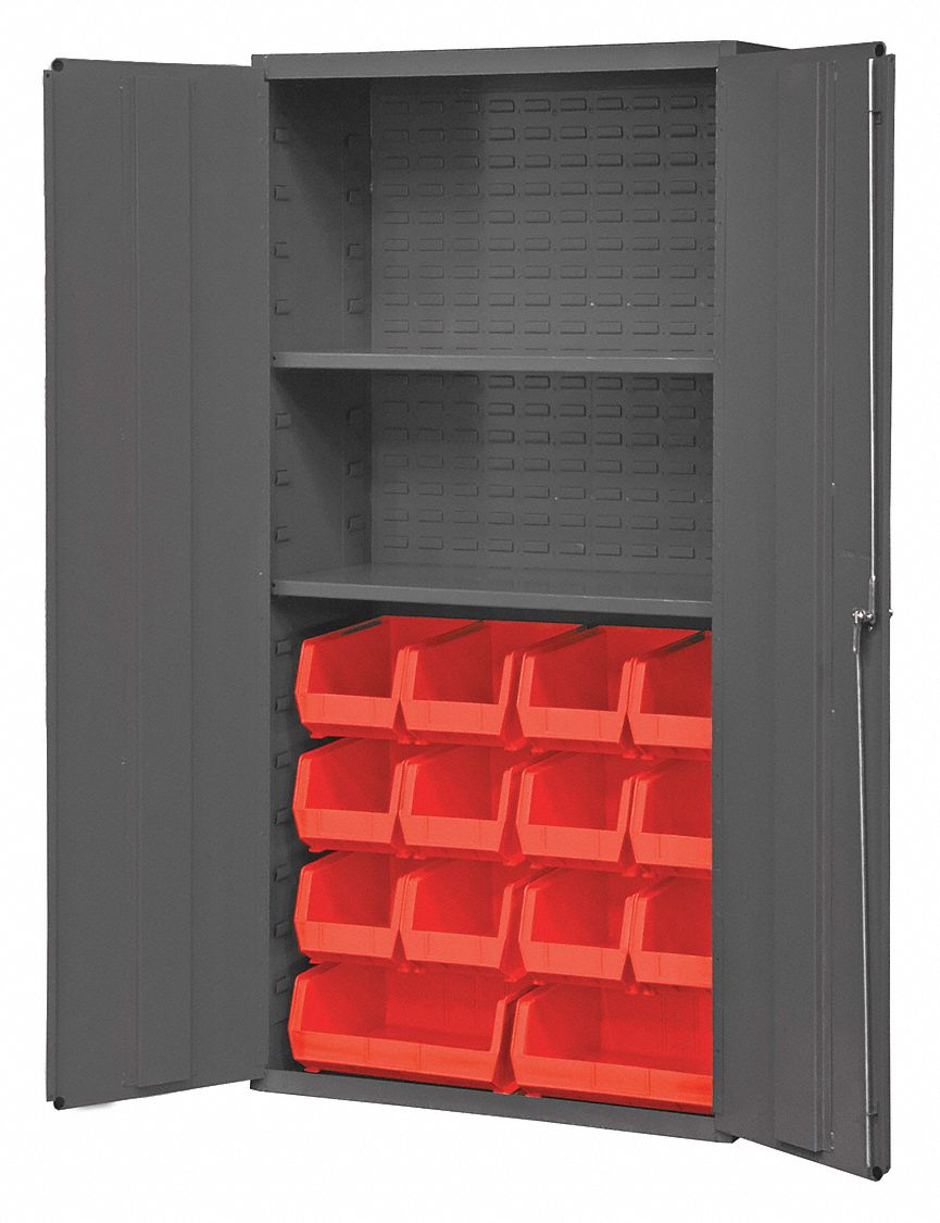 Bin Cabinet: 36 in x 18 in 72 in, 2 Shelves, 14 Bins, Red, Solid, 14 ga Panel, Gray