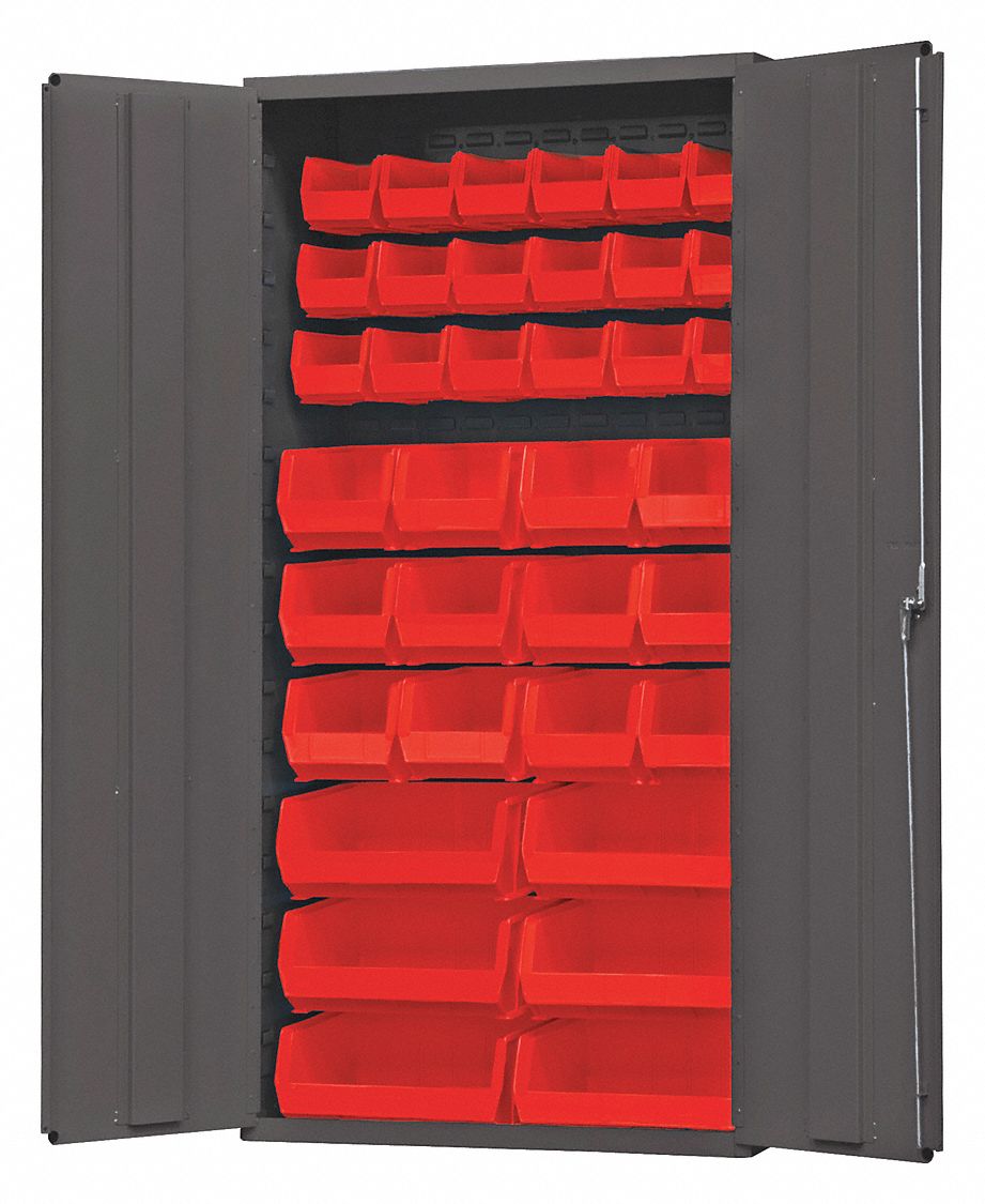 Bin Cabinet: 36 in x 18 in 72 in, 0 Shelves, 36 Bins, Red, Solid, 14 ga Panel, Gray, Bins
