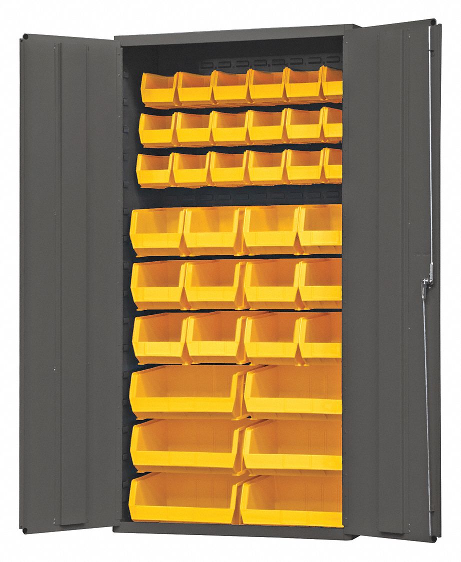 BIN CABINET, 36 IN X 18 IN 72 IN, 36 BINS, YELLOW, SOLID, 14 GA PANEL, GREY