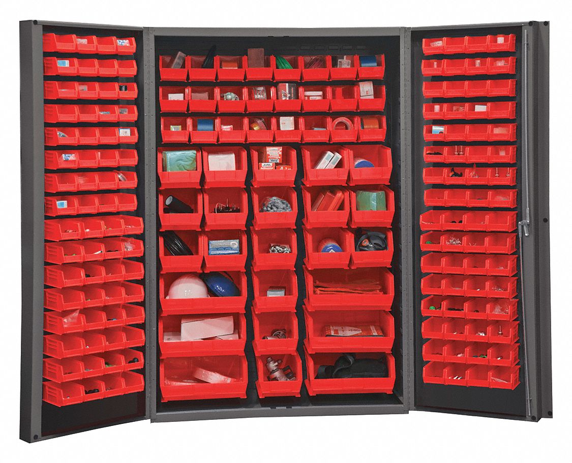 Bin Cabinet: 48 in x 24 in 72 in, 0 Shelves, 176 Bins, Red, Deep Box, 14 ga Panel, Gray