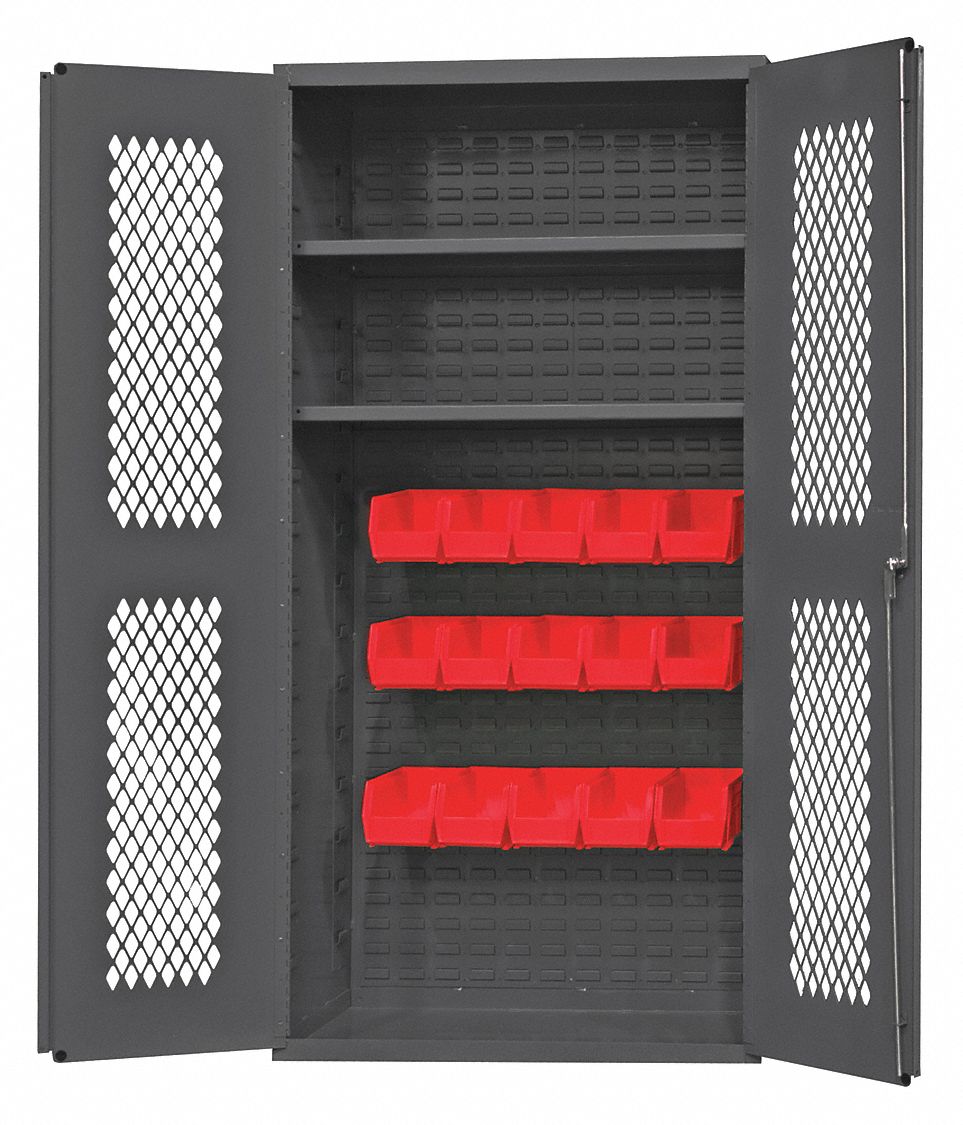 Bin Cabinet: 36 in x 24 in 72 in, 2 Shelves, 15 Bins, Red, Ventilated, 14 ga Panel, Gray