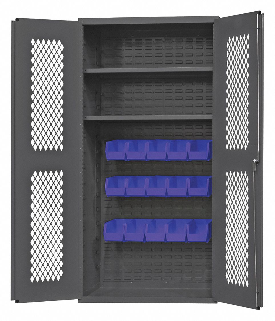 Bin Cabinet: 36 in x 24 in 72 in, 2 Shelves, 15 Bins, Blue, Ventilated, 14 ga Panel, Gray