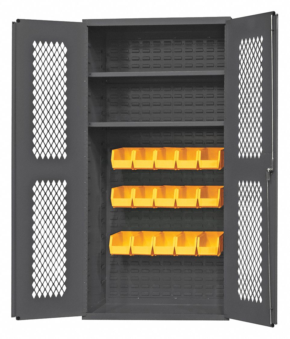 BIN CABINET, 36 IN X 24 IN 72 IN, 2 SHELVES, 15 BINS, YELLOW, VENTILATED, 14 GA PANEL